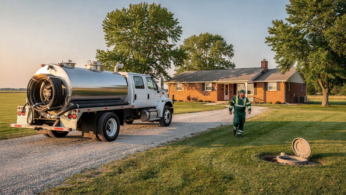 Septic vacuum pump truck parked on the gravel drive of a brick ranch house in flat central Indiana, a technician walking toward an open tank lid in the lawn